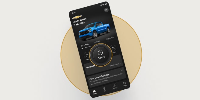 A smartphone displays the myChevrolet app with a blue truck, showing a "Start" button and vehicle status on a gold coaster.