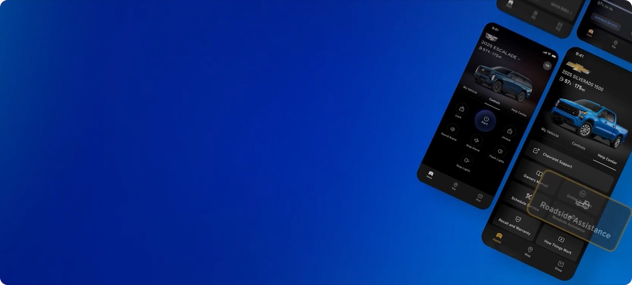 Multiple smartphones display various OnStar vehicle applications for Chevrolet, GMC, and Cadillac vehicles on a blue background.