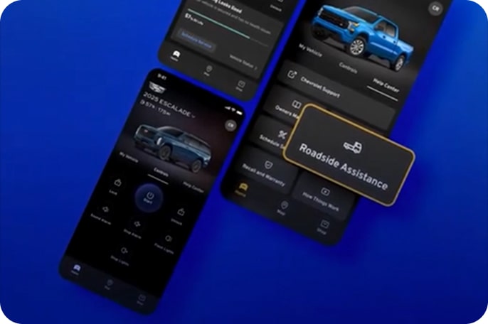 Multiple smartphones display various OnStar vehicle applications, including "Roadside Assistance," for Chevrolet, GMC, and Cadillac vehicles on a blue background.