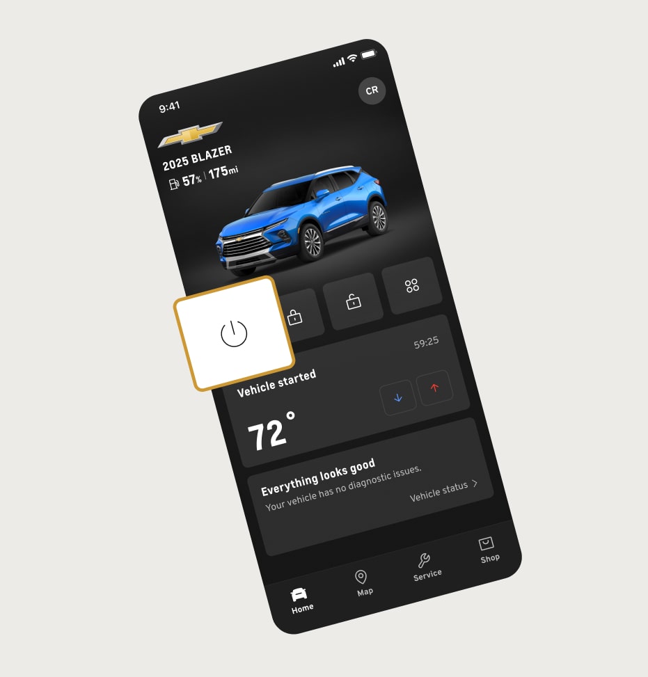 A smartphone displays the myChevrolet app with a blue truck, showing a "Start" button and vehicle status on a gold coaster.