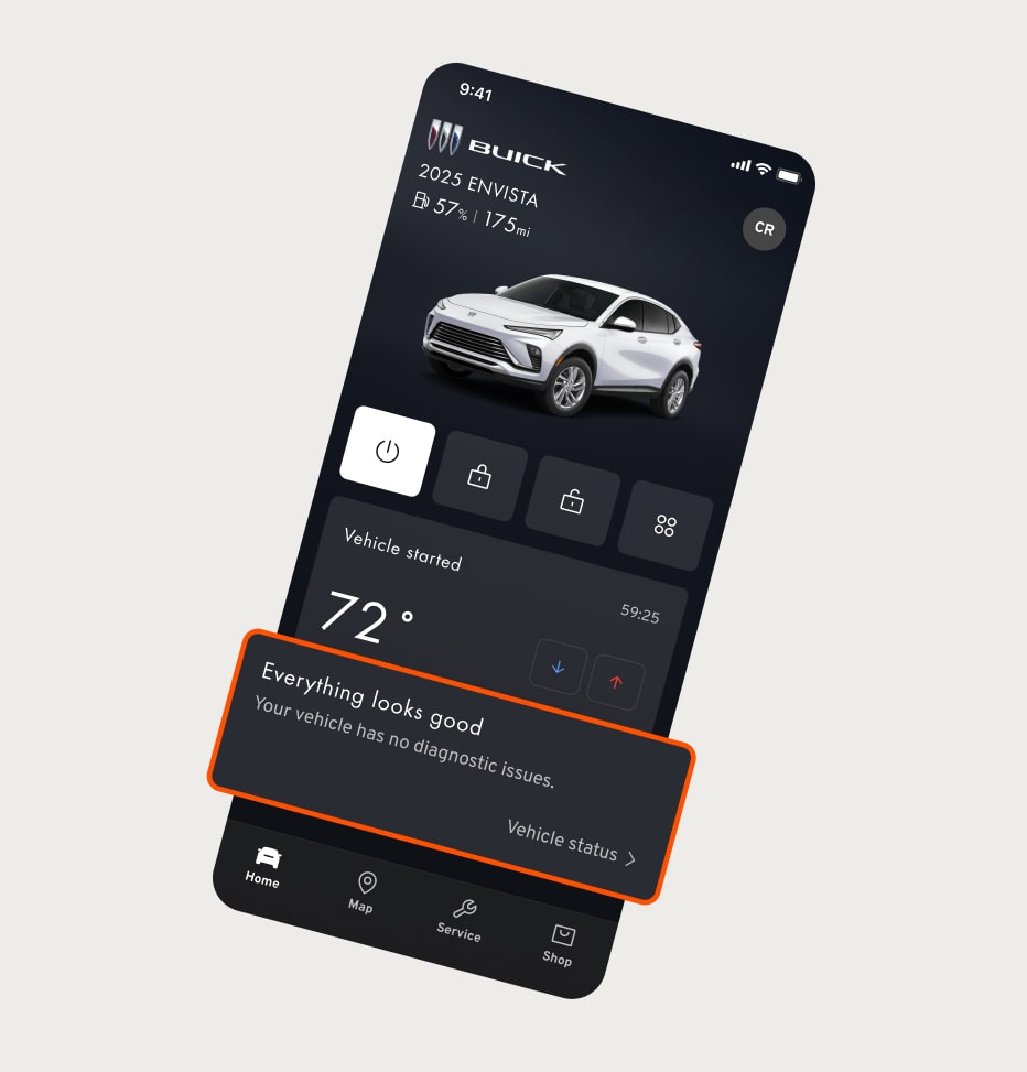 A smartphone displays the myCadillac app with a white SUV, featuring a "Roadside Sound" notification on a white surface.