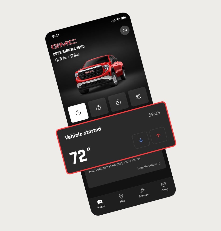 A smartphone displays the myGMC app, showing a red vehicle and a temperature slider set to 75 degrees for remote climate control.