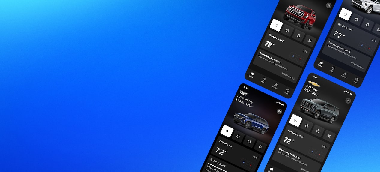 Multiple smartphones display various OnStar vehicle applications for Chevrolet, GMC, and Cadillac vehicles on a blue background.