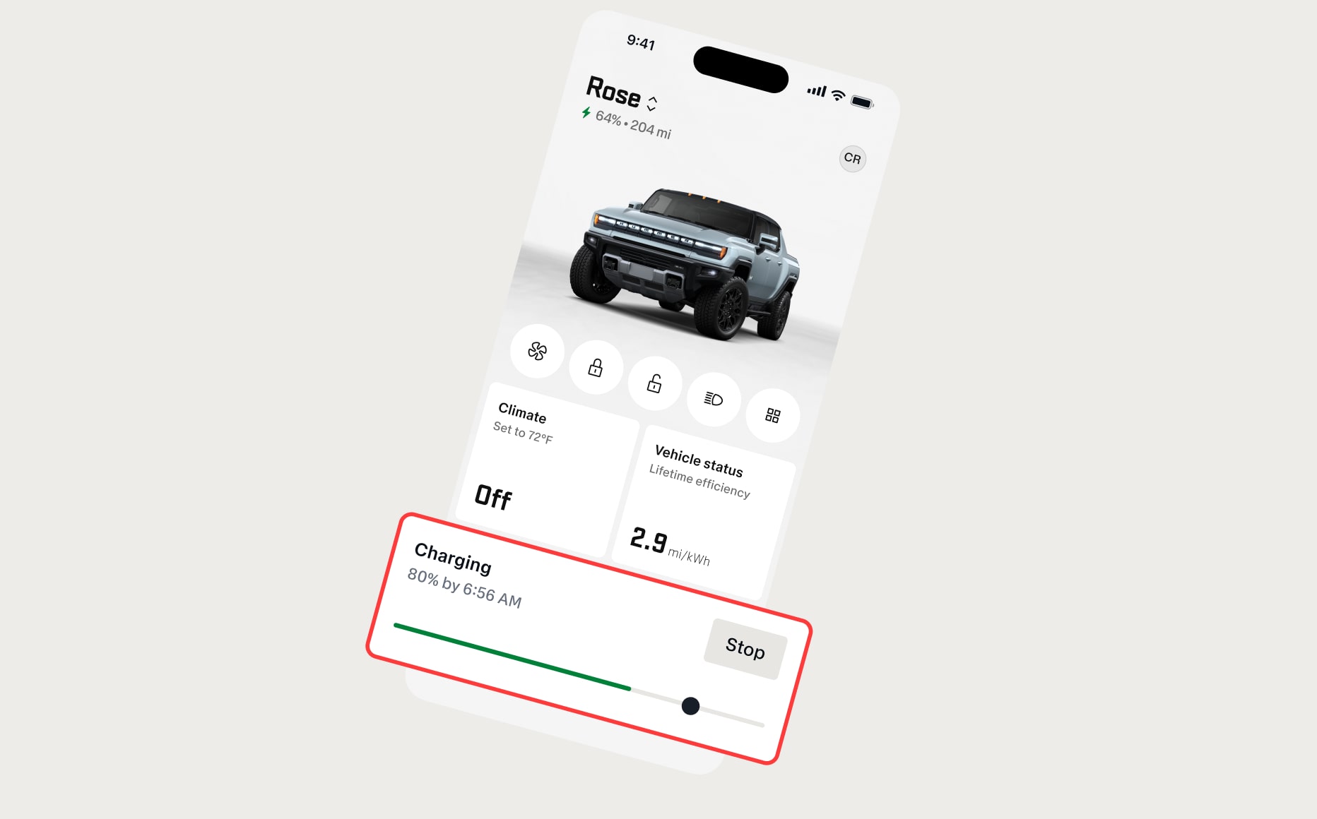 A smartphone displays the myCadillac app with a white SUV, featuring a "Roadside Sound" notification on a white surface.