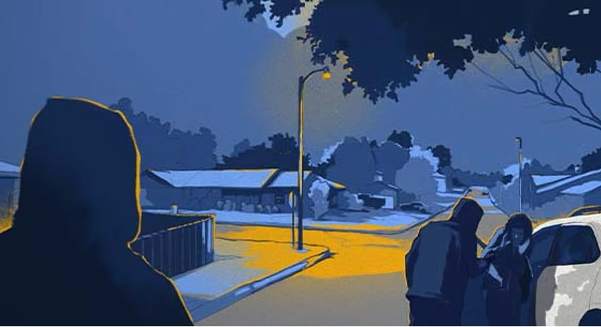 An illustration of a dimly lit street at night, with a street lamp shining on a parked car and people standing next to it.