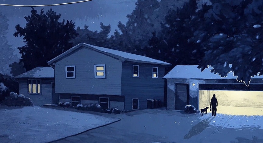 Illustration of a Man and Dog Walking into a Garage