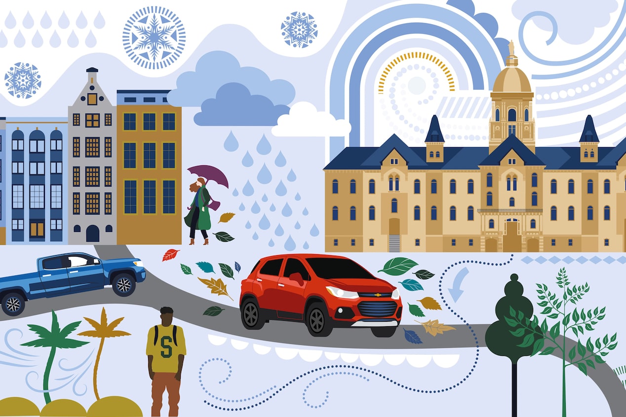 illustration of a red gm vehicle driving through a college campus, with plants and various weather conditions