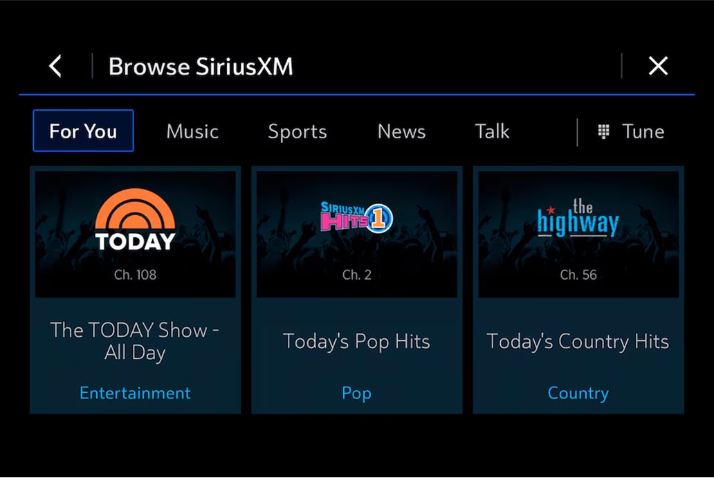 The car's infotainment screen shows the "Browse SiriusXM" menu with channel options like "The TODAY Show" and "Today's Pop Hits".