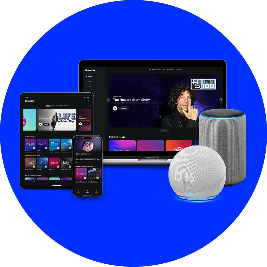 Various devices including a tablet, smartphone, laptop, and smart speakers are shown on a blue background, all displaying the SiriusXM app.