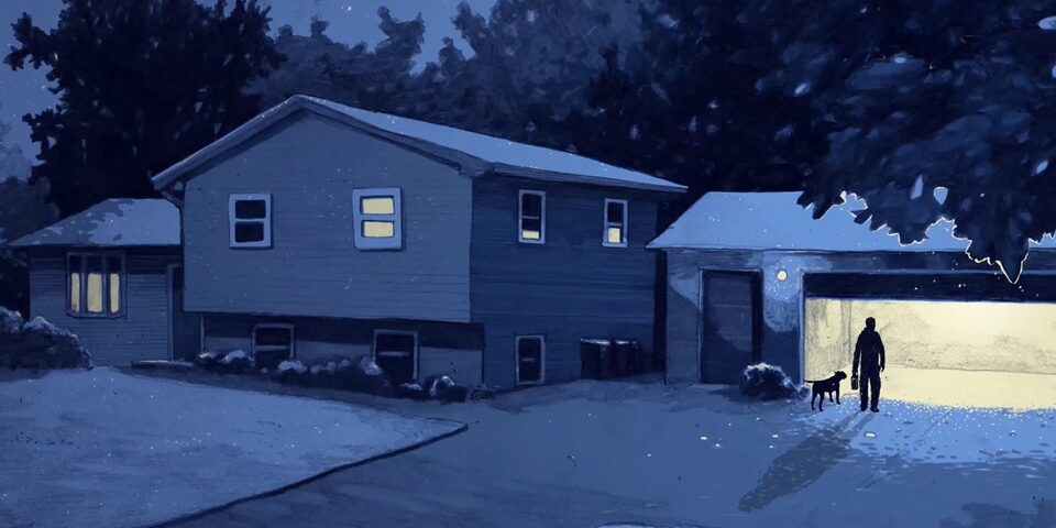 Illustration of Man and Dog Walking into Garage