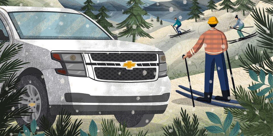 Illustration of GM Vehicle and Man Skiing