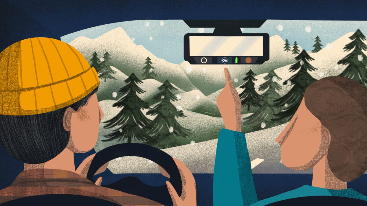 Illustration of Man Driving and Women Pushing OnStar Button with Snowy Scenery