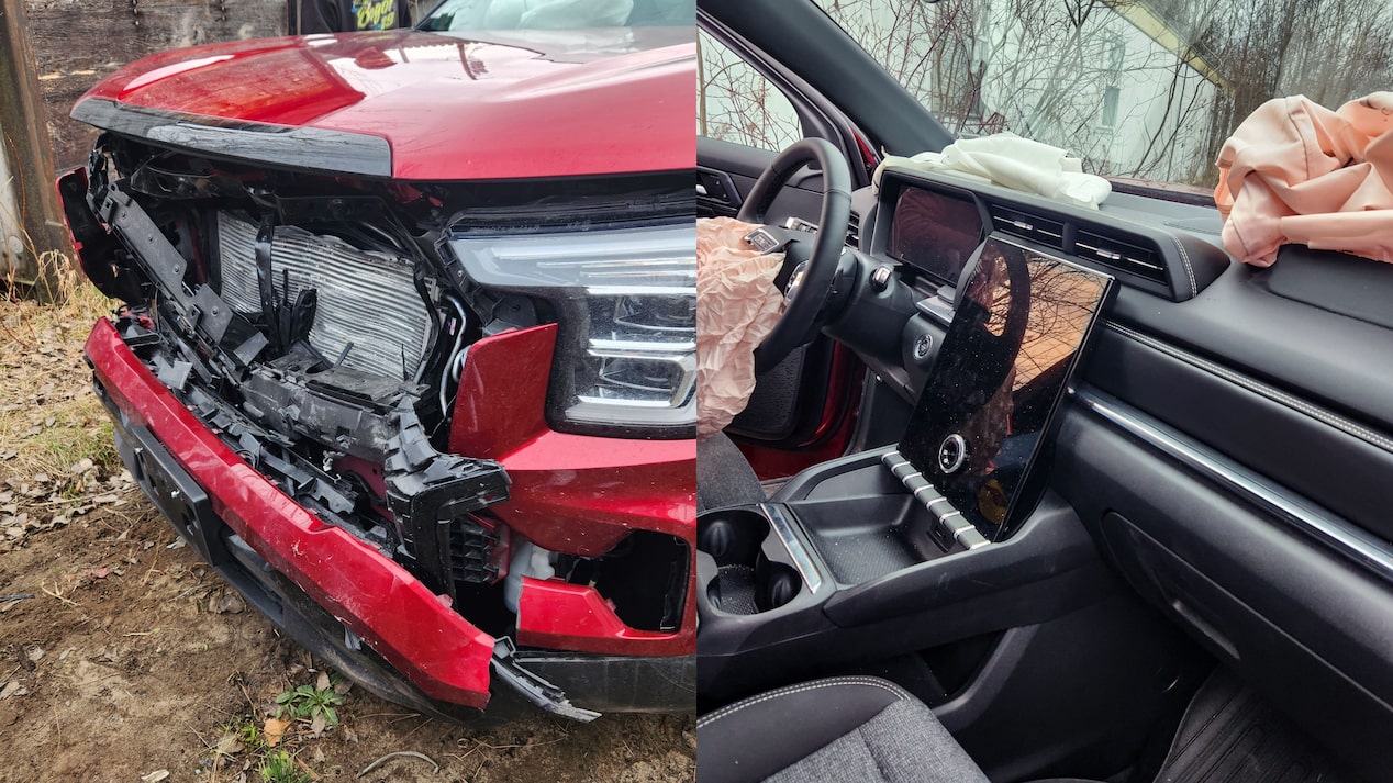 A red GMC Terrain shown in a two-panel image, featuring front-end damage and deployed airbags inside, highlighting OnStar Automatic Crash Response.