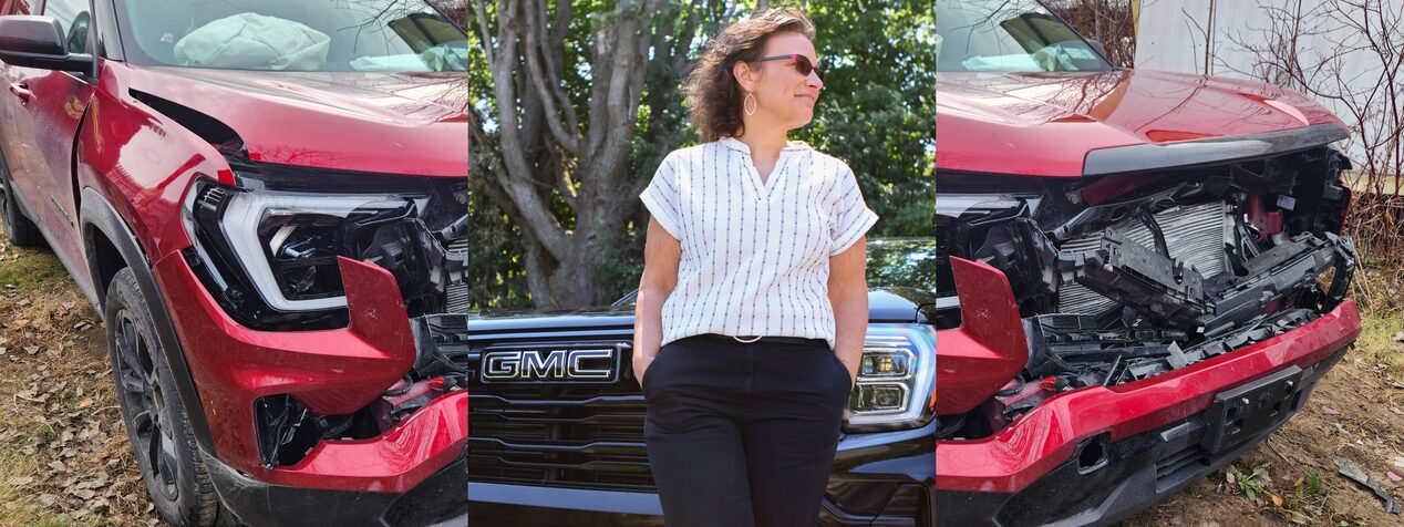 A panoramic view combines a damaged red GMC Terrain, Kristy K standing by her black GMC Terrain, and another view of the accident, illustrating OnStar Automatic Crash Response.