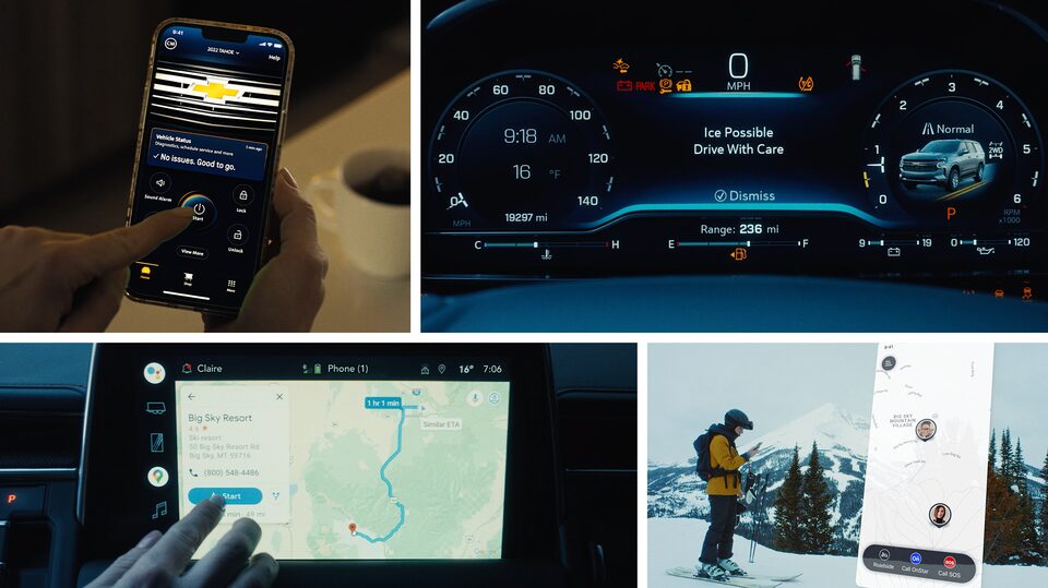 Multiple images of OnStar members using the OnStar Guardian app and navigation in the mountains