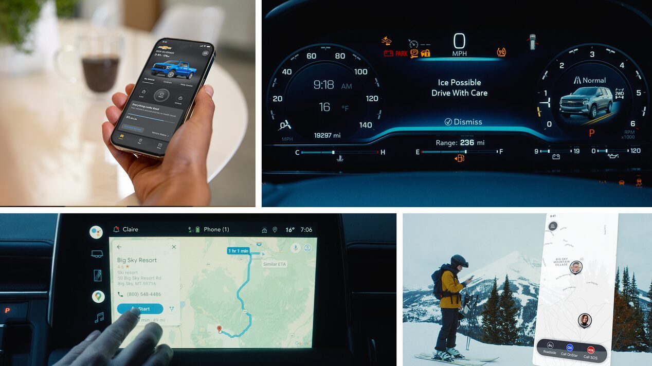 Multiple images of OnStar members using the OnStar Guardian app and navigation in the mountains