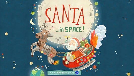 A cartoon image of Santa and a reindeer flying through the sky in front of a giant moon.