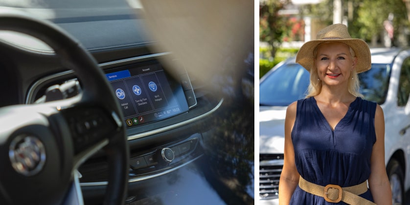 Two split images of a close-up of the steering wheel on the left and a woman wearing a hat walking down the road