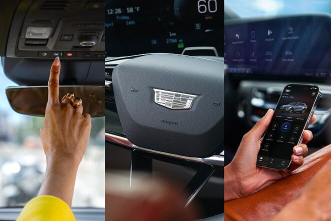 A collage of a Hand pushing OnStar button, no hands on a steering wheel for Super Cruise, hand holding open myBuick Mobile App