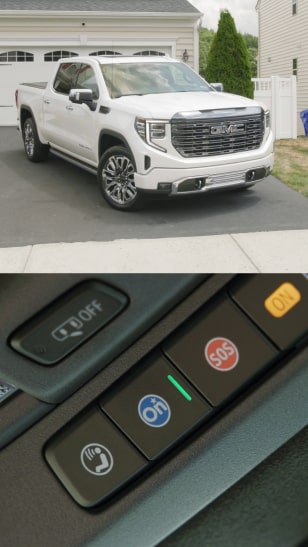 A split image of a white GMC truck followed by a close-up of the OnStar button