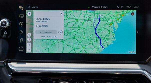 Front view of Google maps being displayed on the infotainment system in a GM vehicle