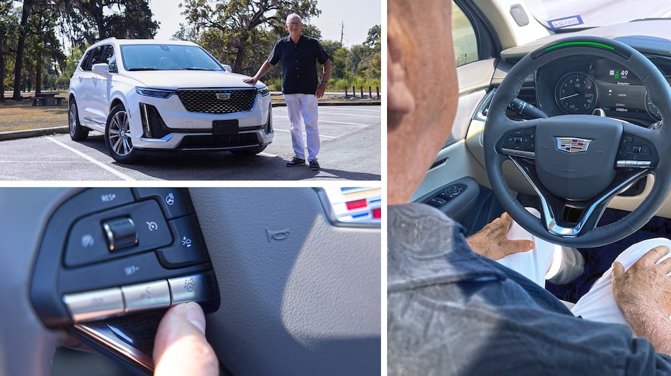 Multiple images of OnStar member Wayne Stoeber using Super Cruise hands-free driving assist technology