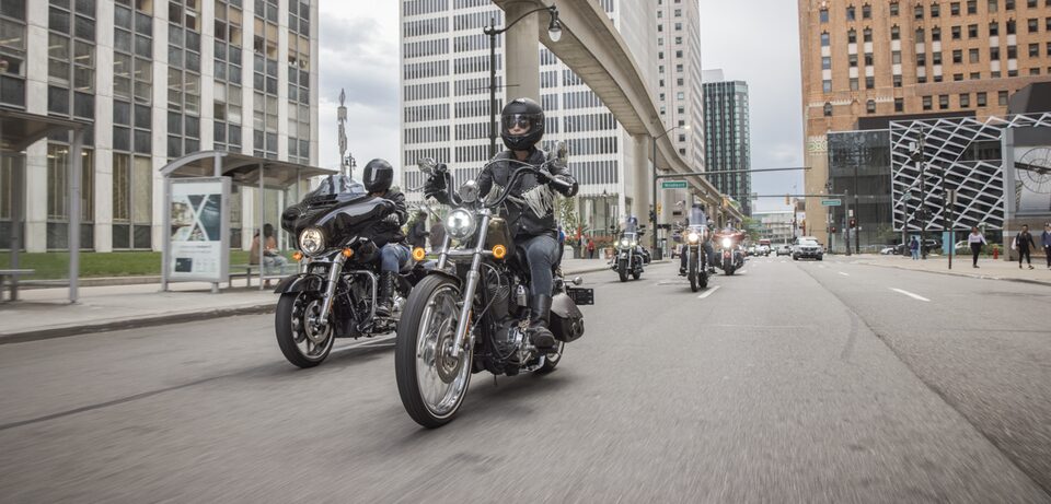 Group of Five Motorcyclists Riding in Downtown Detroit