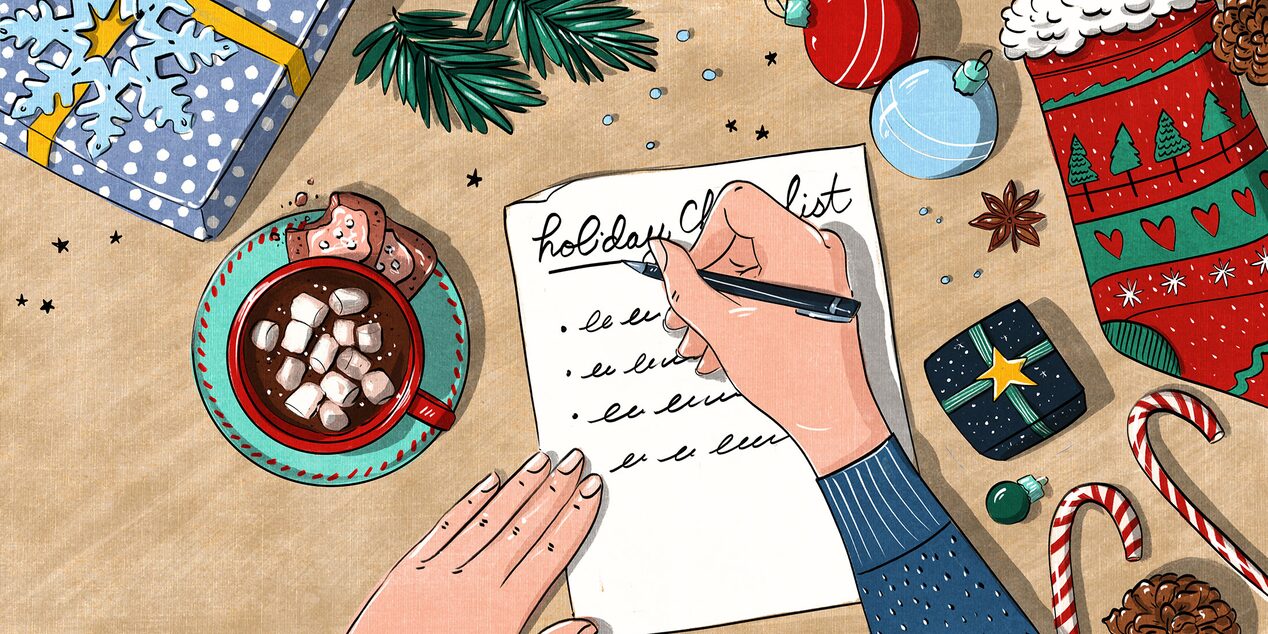 Illustration of Person Writing Their Holiday Checklist While Drinking Hot Cocoa