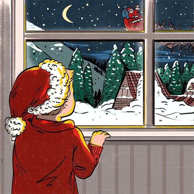 Illustration of Young Boy Looking out Window with a Santa Hat on