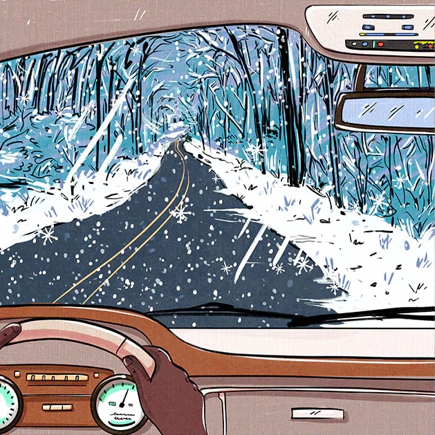 Illustration of Snow Covered Road Through Vehicle Windshield