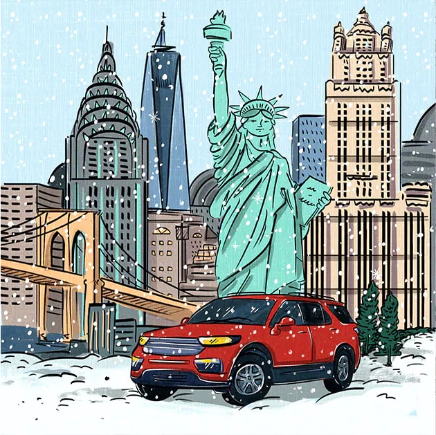 Illustration of GM Vehicle Parked in Front of the Statue of Liberty