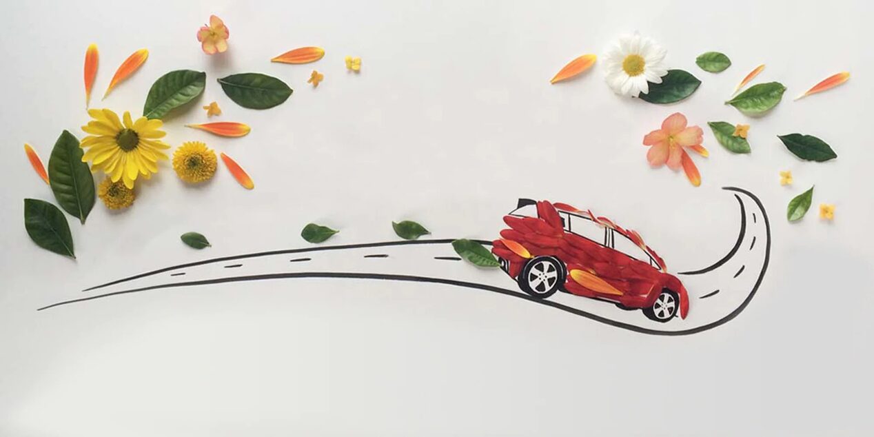 Artwork of a Car with Leaves & Flowers Flowing Around