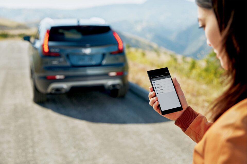 Woman Checking the Guardian App on a Gravel Road