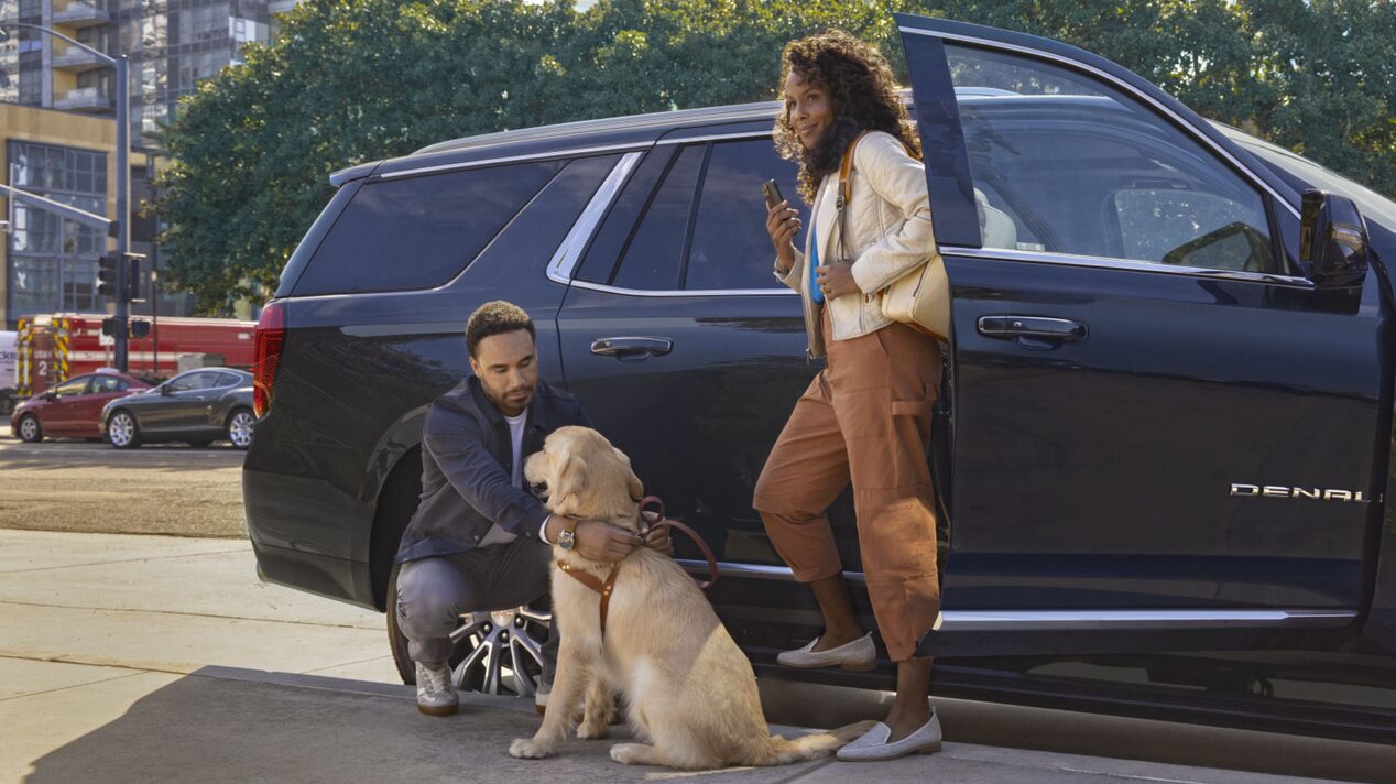 Woman Passenger Leaning on the Open Door While Looking at Her Phone and a Man with a Dog