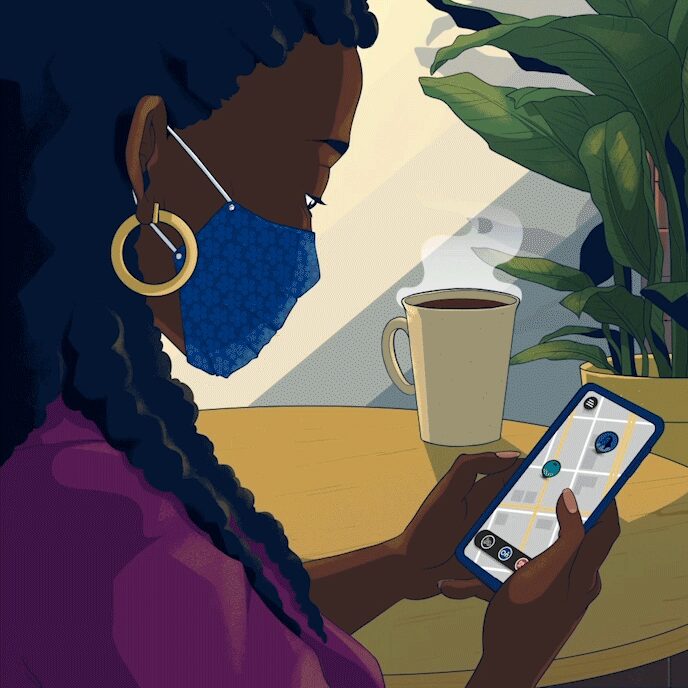 Graphic Image of Woman Wearing a Mask on her Phone