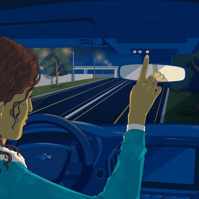 Graphic Image of a Driver Pressing the OnStar Button on her Rearview Mirror