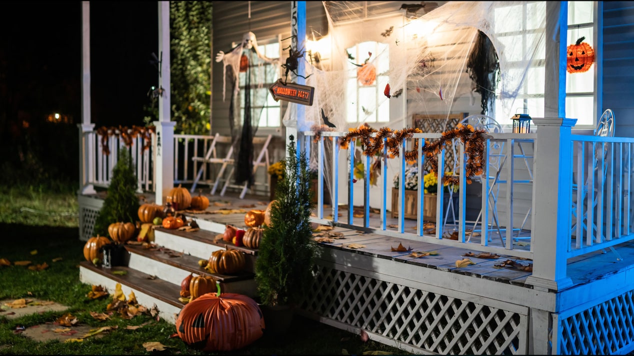 Front Porch Decked Out in Halloween Decorations