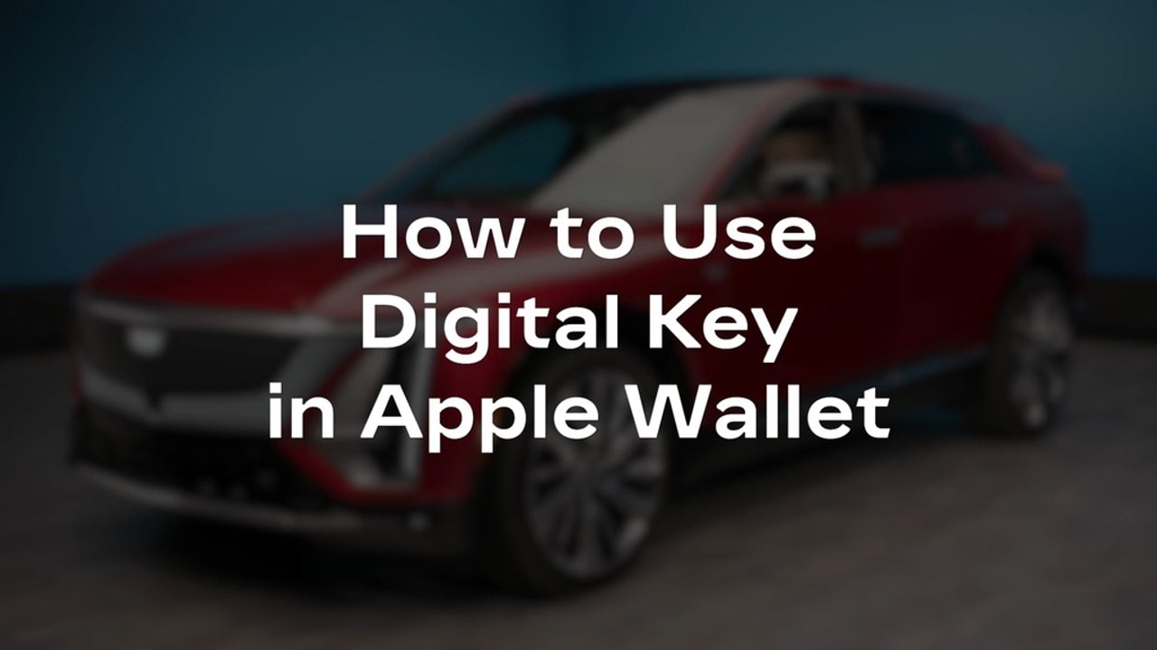 Text reads, "How to Use Digital Key in Apple Wallet" over a blurred red Cadillac vehicle.