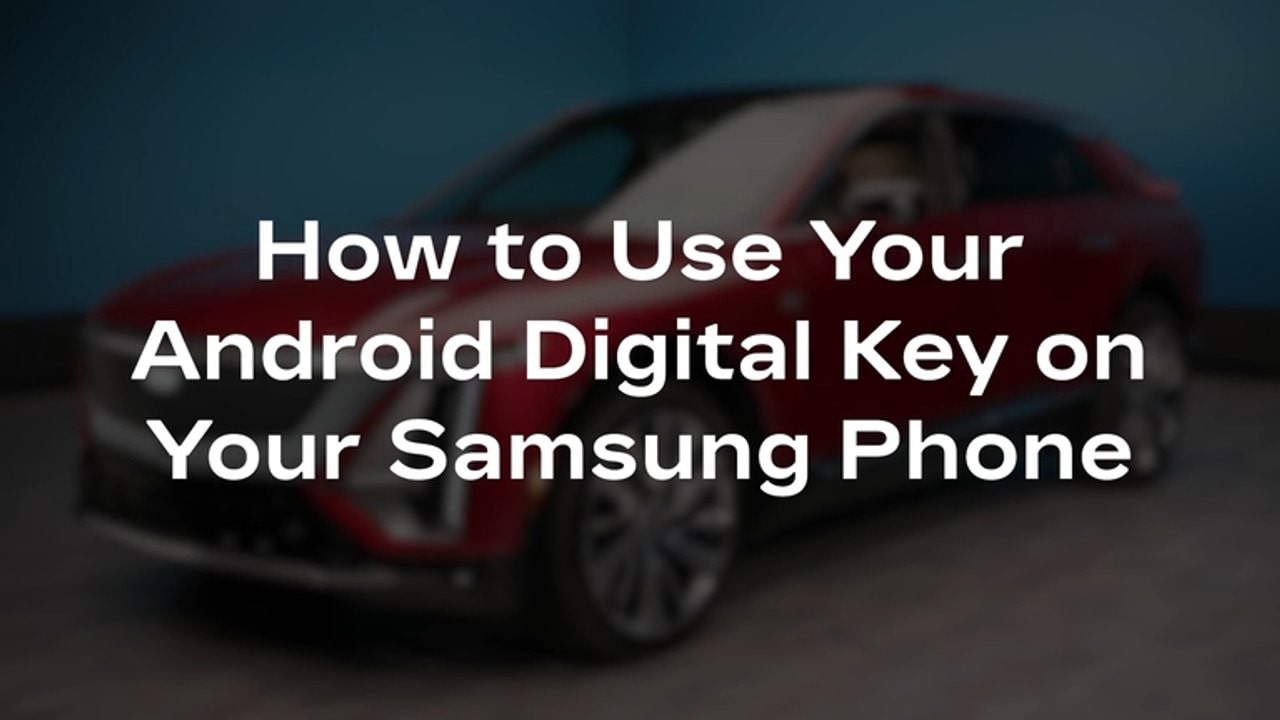 Text reads, "How to Use Your Android Digital Key on Your Samsung Phone" over a blurred red cadillac vehicle.